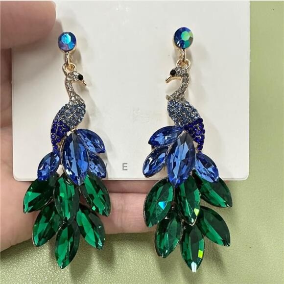 Peacock Dangle Earrings 14K Gold Plated Multicolors Crystal Feather - Picture 6 of 11